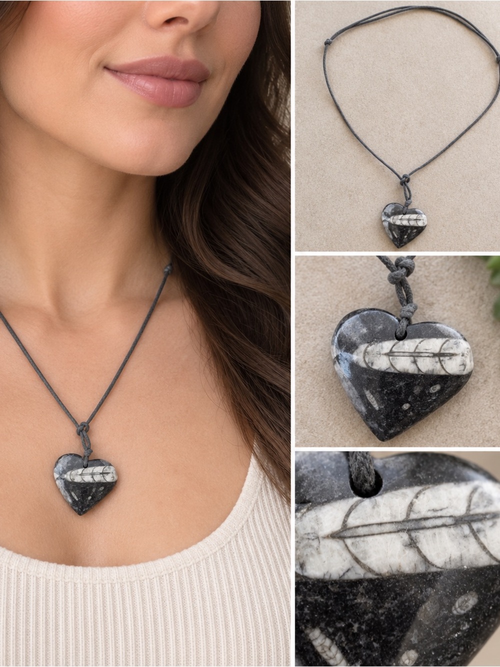 Fossil Heart Pendant Adjustable Cord Necklace Black White Statement